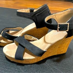 Tom’s strappy wedges. Black, cork heel, size 8 women’s